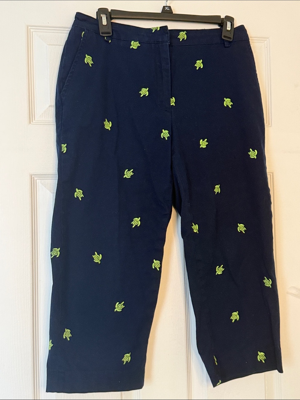 Kim Rogers Navy Blue Turtle Embroidered Capri Pants 12P